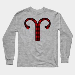 Aries Zodiac Horoscope Symbol in Black and Red Buffalo Plaid Long Sleeve T-Shirt